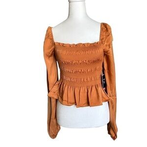 Mixed Threads Burnt Orange Square Neck Smocked Long Sleeve Blouse Size Small
